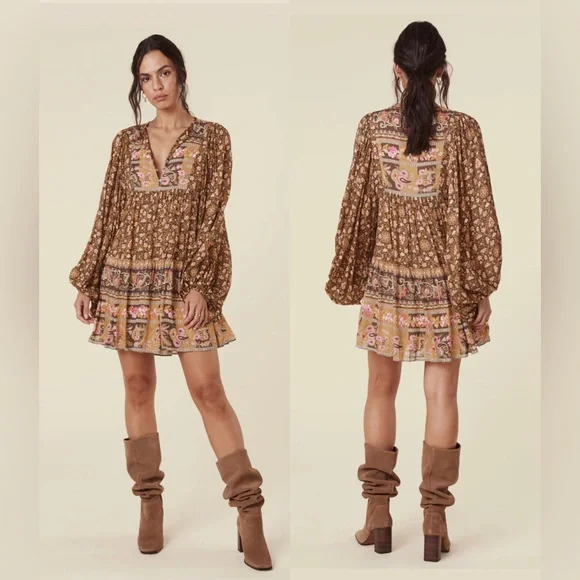 New SPELL MADAME PEACOCK BOHO festival Relax fit MINI DRESS - COFFEE - Picture 1 of 14